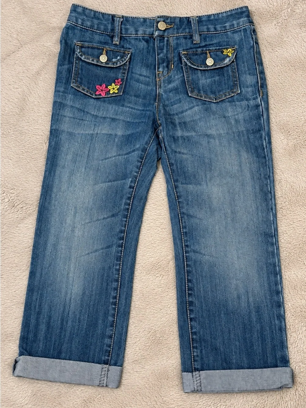 Old Navy Girls 14 Embroidered Denim Capri Jeans Adjustable Waist Y2K